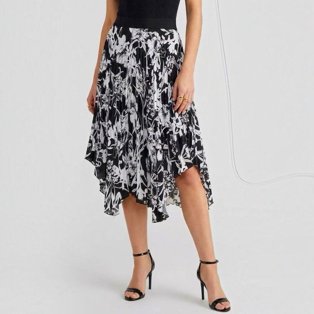 Whimsical Floral Midi Skirt High Low Covington Pleated White Black Est Sz Small